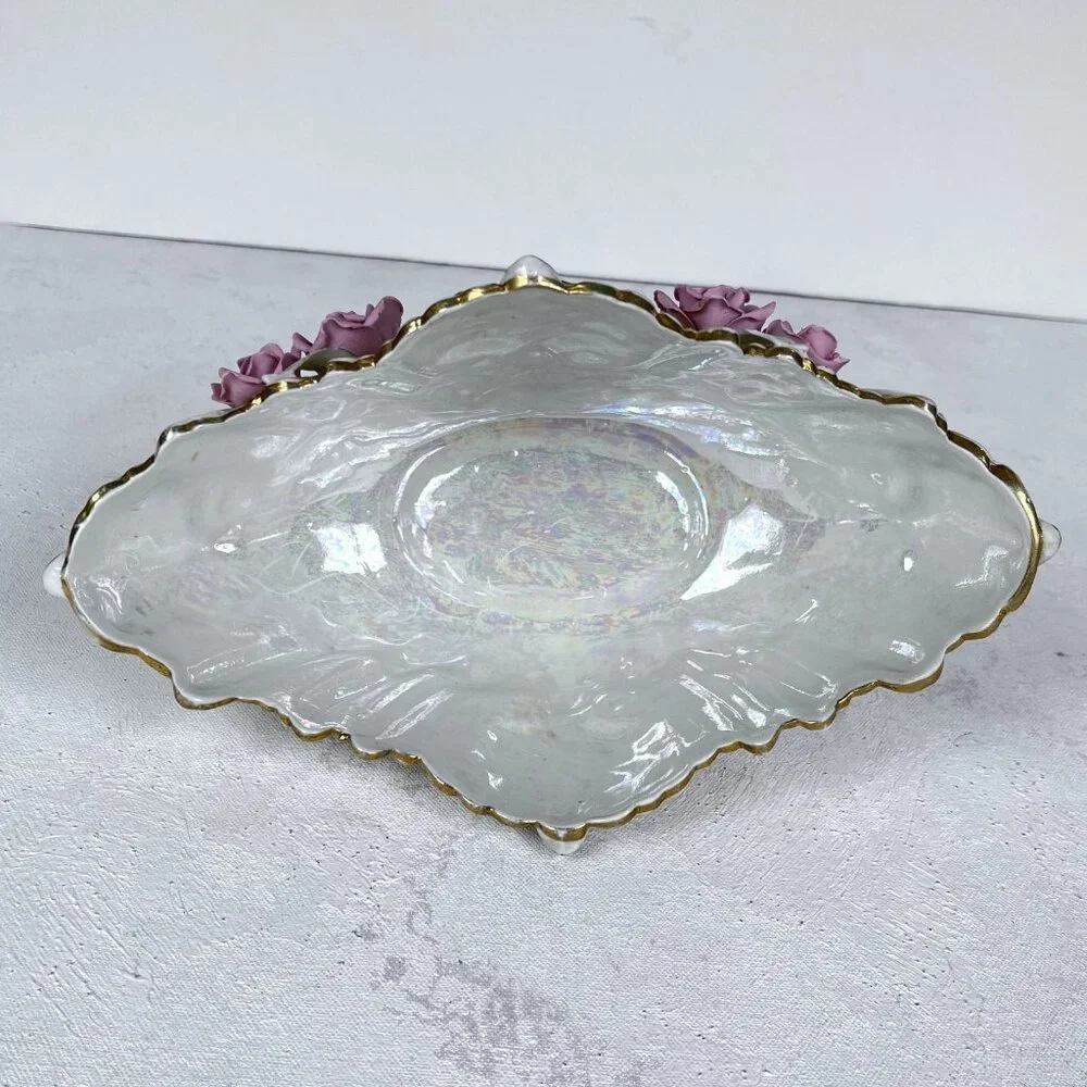 Lefton China Oval‎ Bowl Candy Dish Footed Pearlized 773M Flowers Japan Handpaint